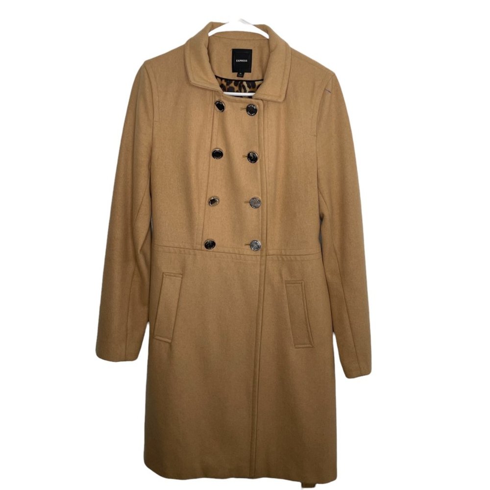 Express Camel Double-Breasted Wool Trench Coat
